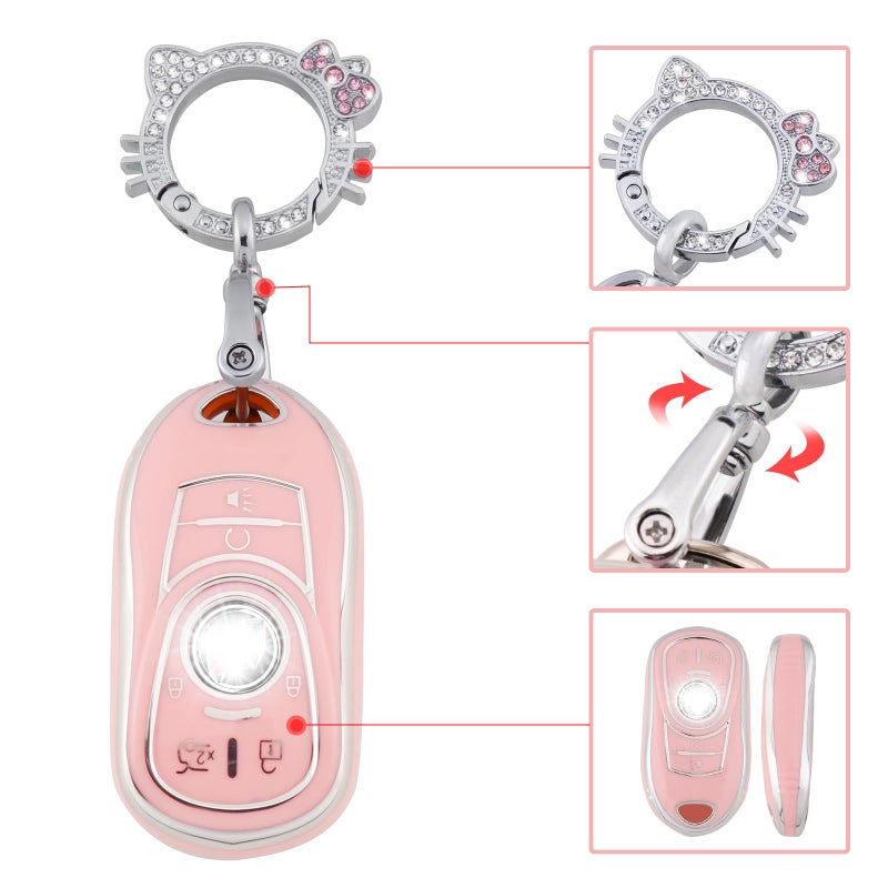 Pangpai Pink Key Fob Cover for Buick, Soft TPU Key Case Protection with Bling Keychain Fit for Buick Encore Enclave Lacrosse Envision Verano Regal GL8 5 Buttons Smart Key - Image 4